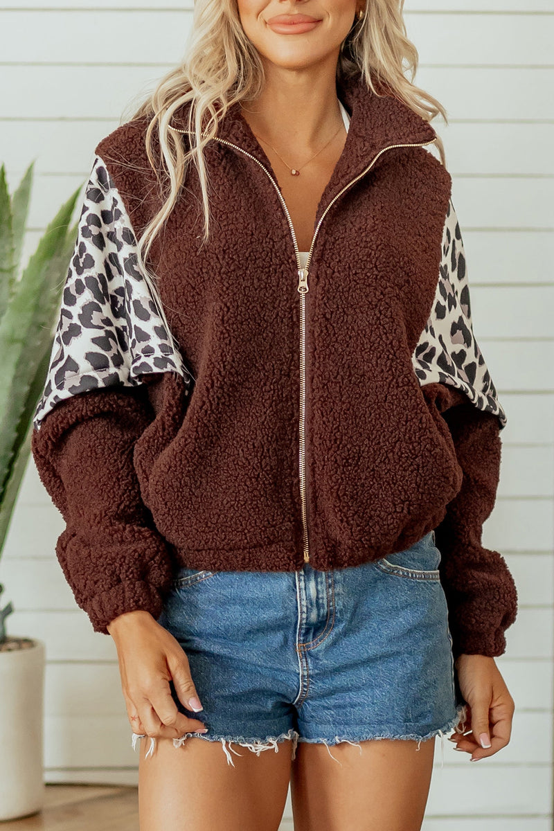 Leopard Print Color Block Sherpa Jacket for Women with Zip Front in Coffee, close-up