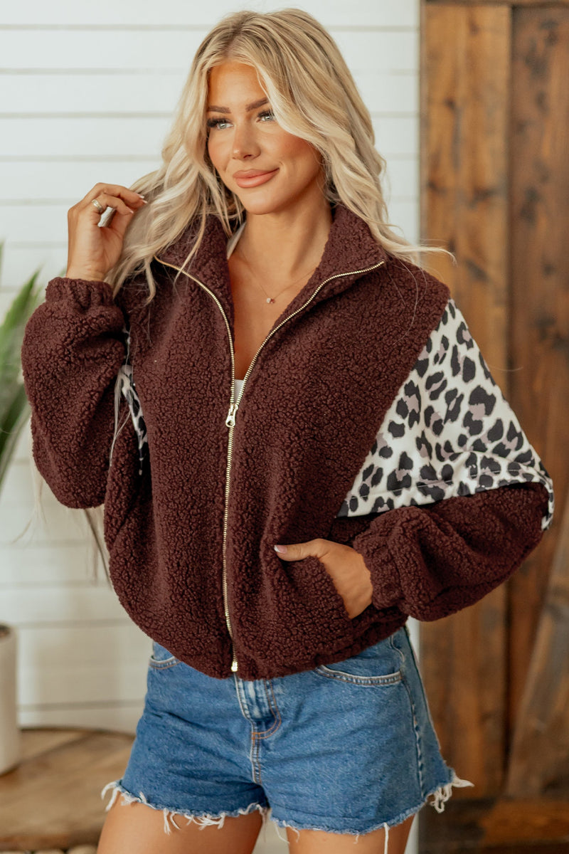 Leopard Print Color Block Sherpa Jacket for Women with Zip Front in Coffee, front view 2