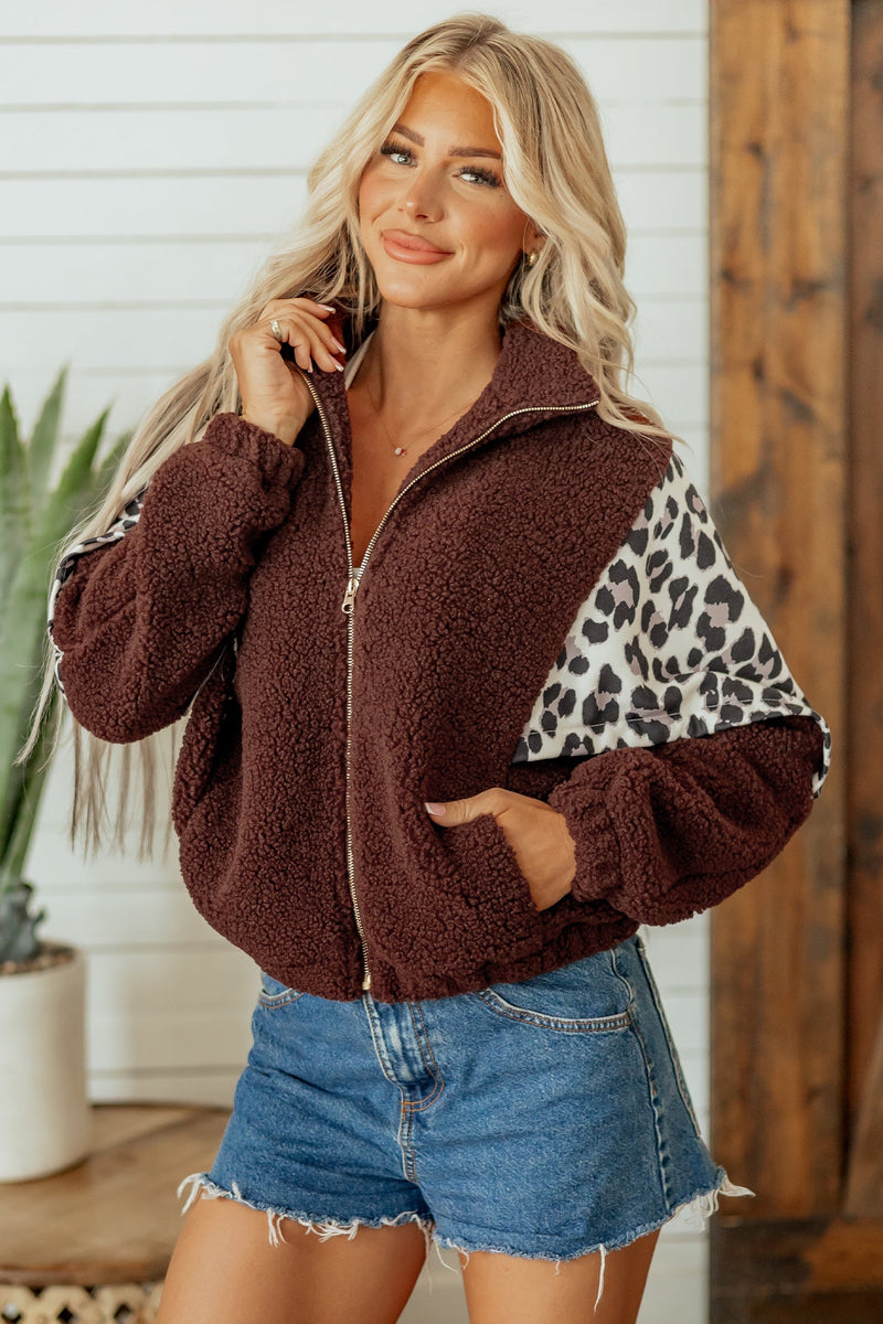 Leopard Print Color Block Sherpa Jacket for Women with Zip Front in Coffee, front view 4