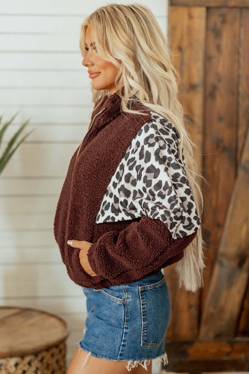 Leopard Print Color Block Sherpa Jacket for Women with Zip Front in Coffee, side view