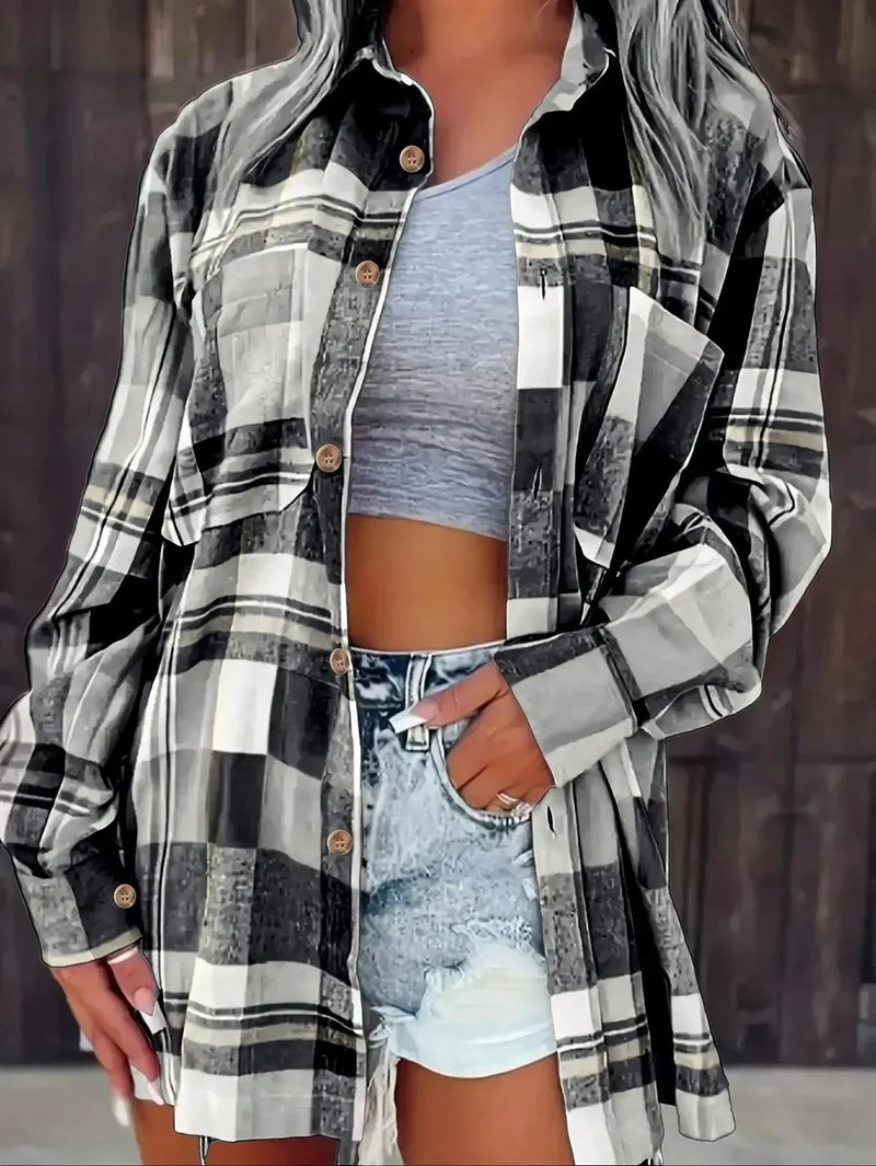 Oversized Plaid Shirt for Women with Chest Flap Pockets and Button Front in Black, open front view