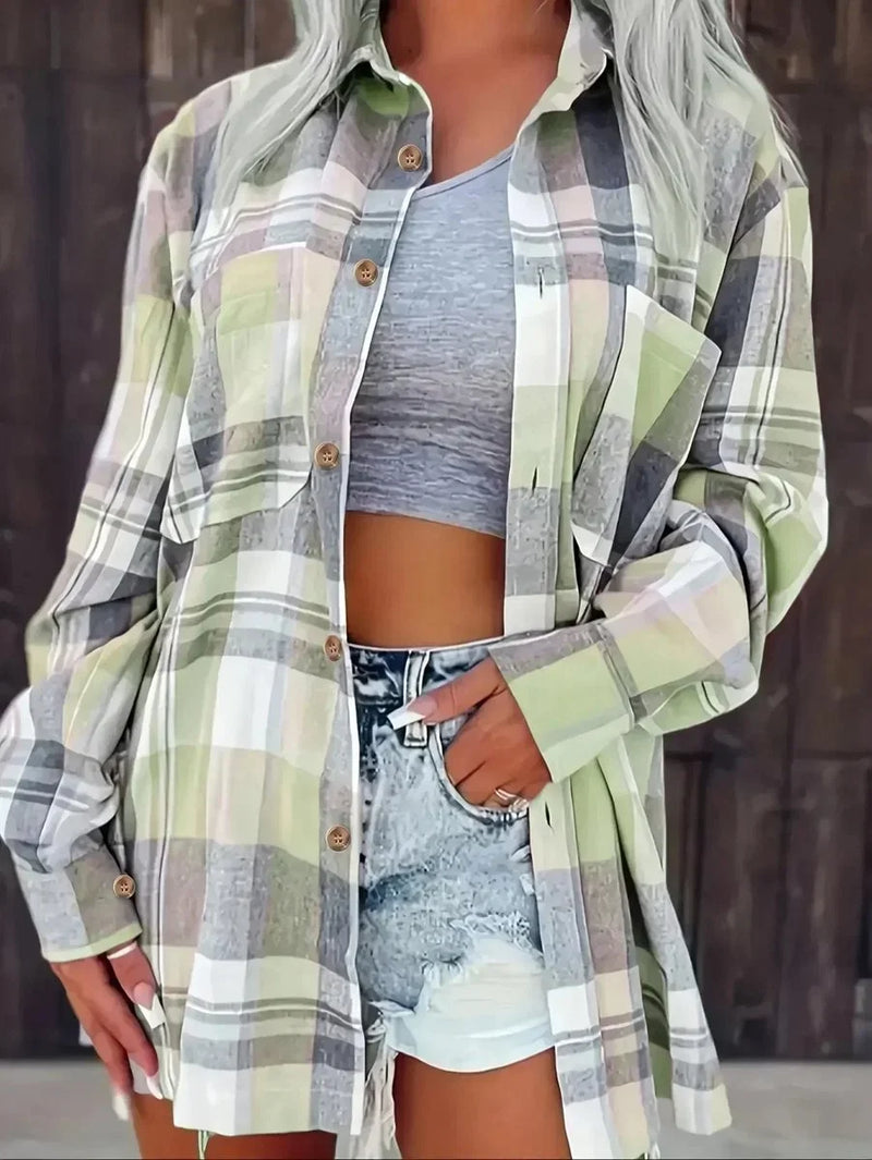 Oversized Plaid Shirt for Women with Chest Flap Pockets and Button Front in Green, open front view