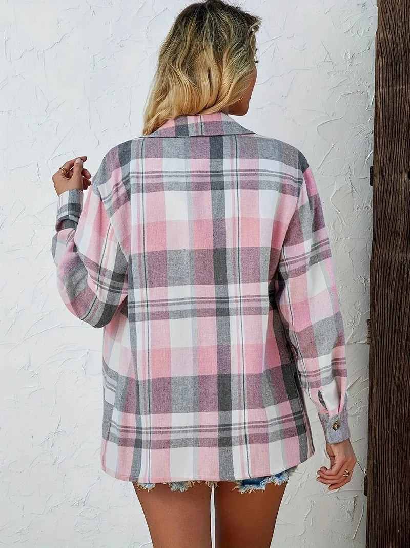 Oversized Plaid Shirt for Women with Chest Flap Pockets and Button Front in Pink, back view