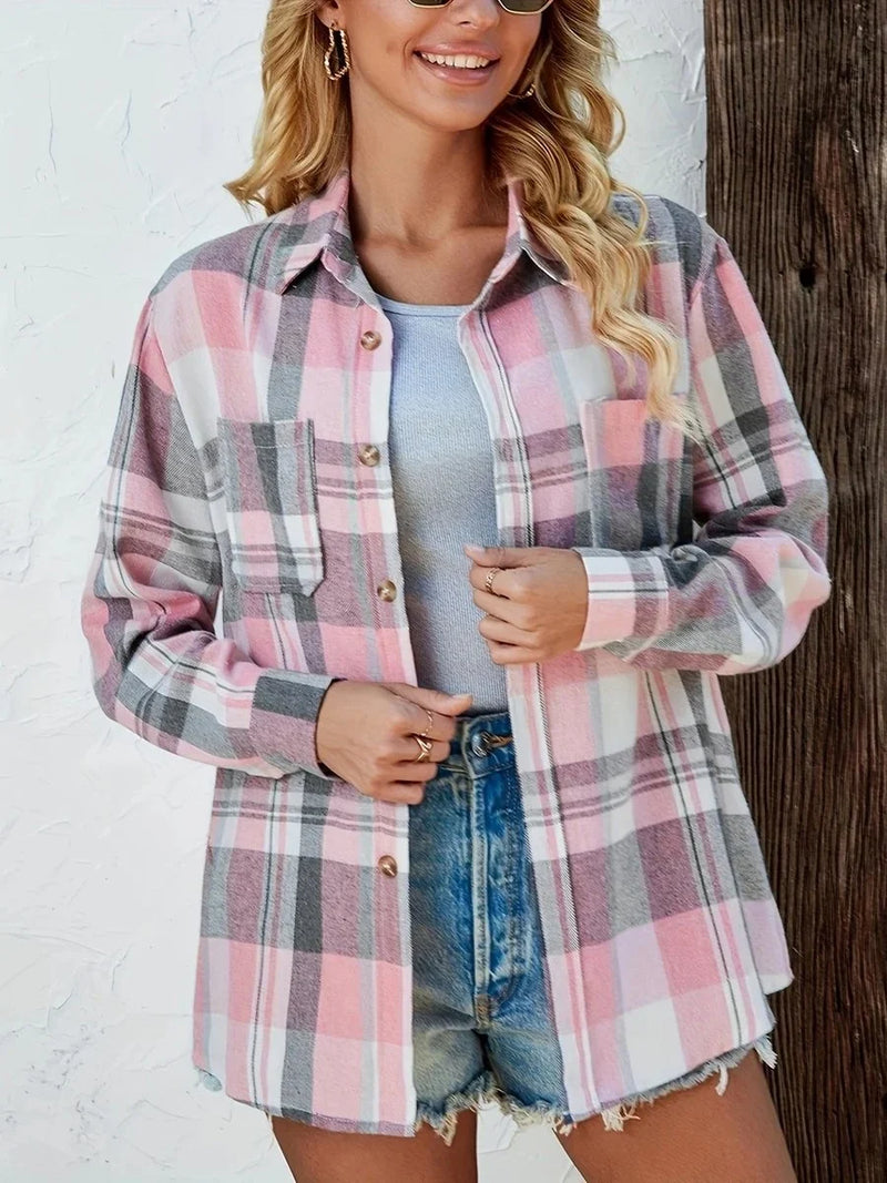 Oversized Plaid Shirt for Women with Chest Flap Pockets and Button Front in Pink, front view 2