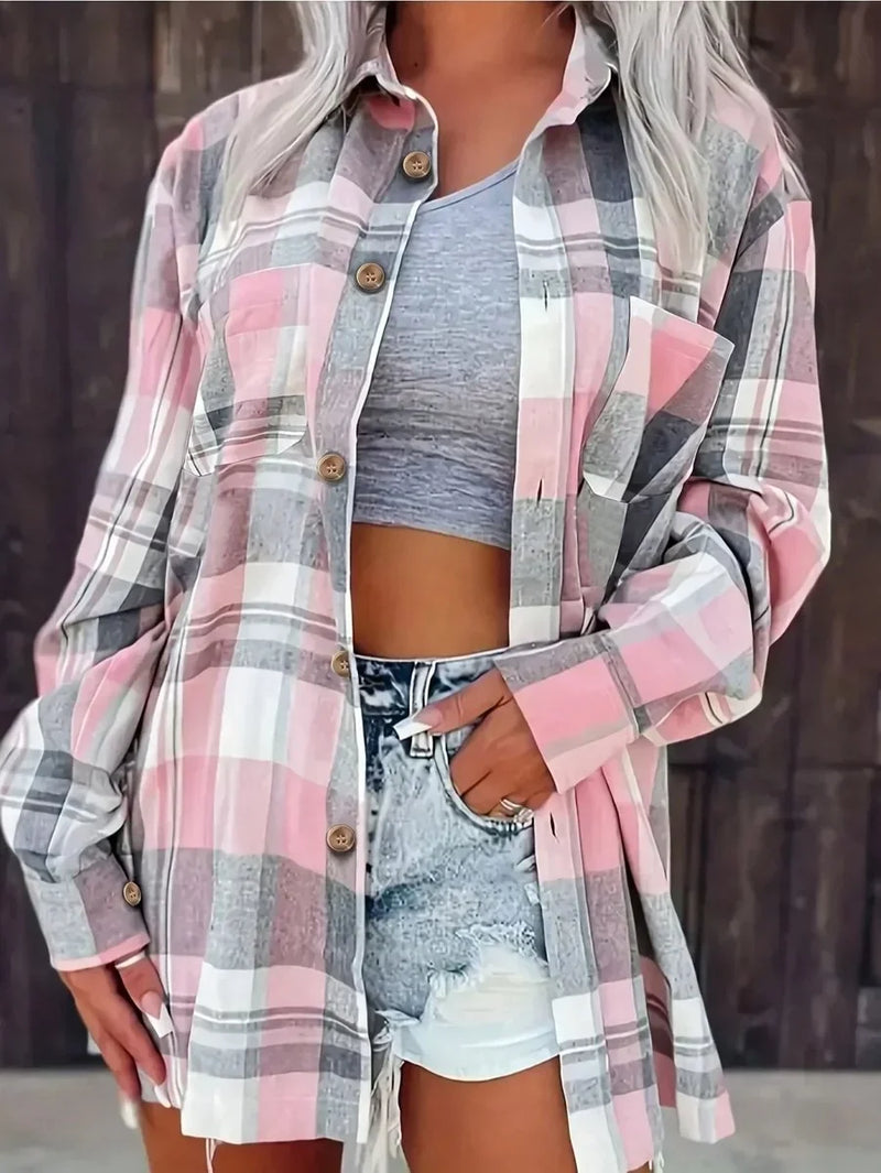 Oversized Plaid Shirt for Women with Chest Flap Pockets and Button Front in Pink, open front view