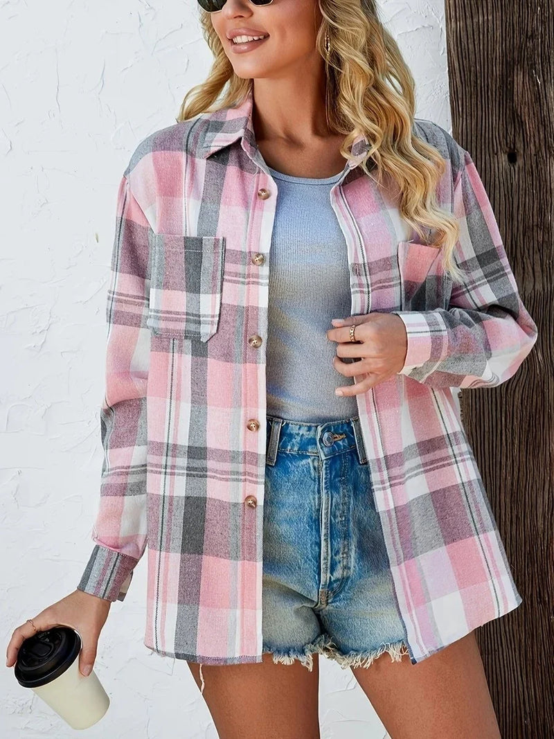 Oversized Plaid Shirt for Women with Chest Flap Pockets and Button Front in Pink, side view