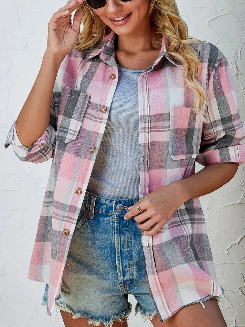 Oversized Plaid Shirt for Women with Chest Flap Pockets and Button Front in Pink, styled view