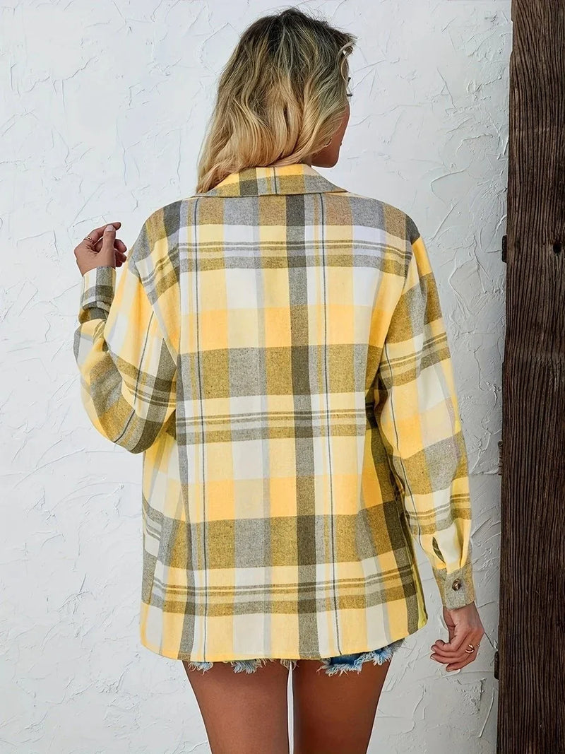 Oversized Plaid Shirt for Women with Chest Flap Pockets and Button Front in Yellow, back view