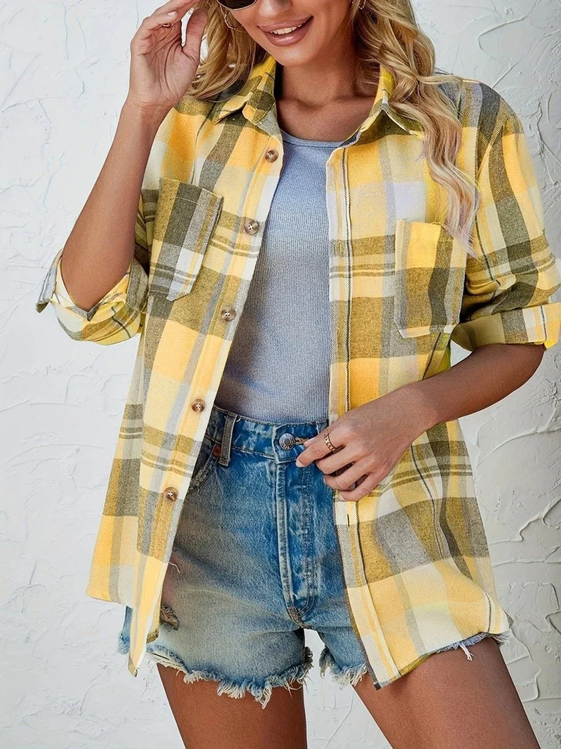 Oversized Plaid Shirt for Women with Chest Flap Pockets and Button Front in Yellow, front view