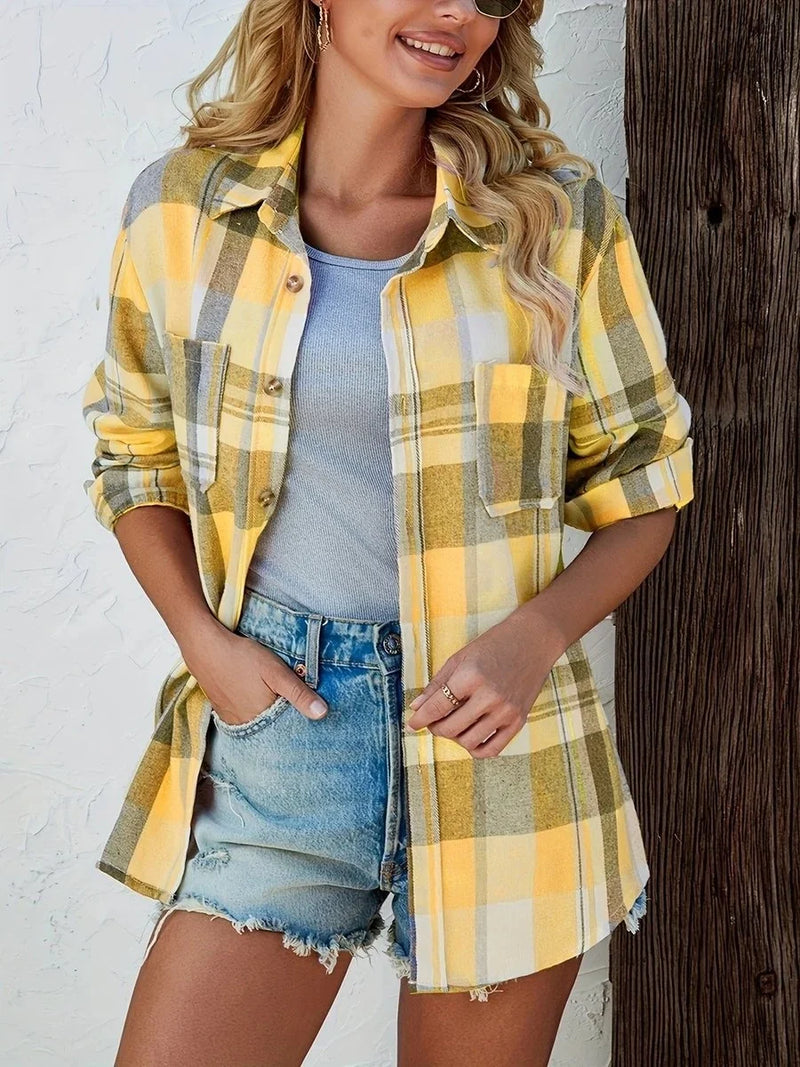 Oversized Plaid Shirt for Women with Chest Flap Pockets and Button Front in Yellow, front view 2