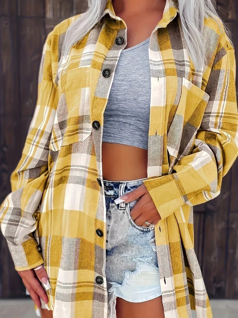 Oversized Plaid Shirt for Women with Chest Flap Pockets and Button Front in Yellow, open front view