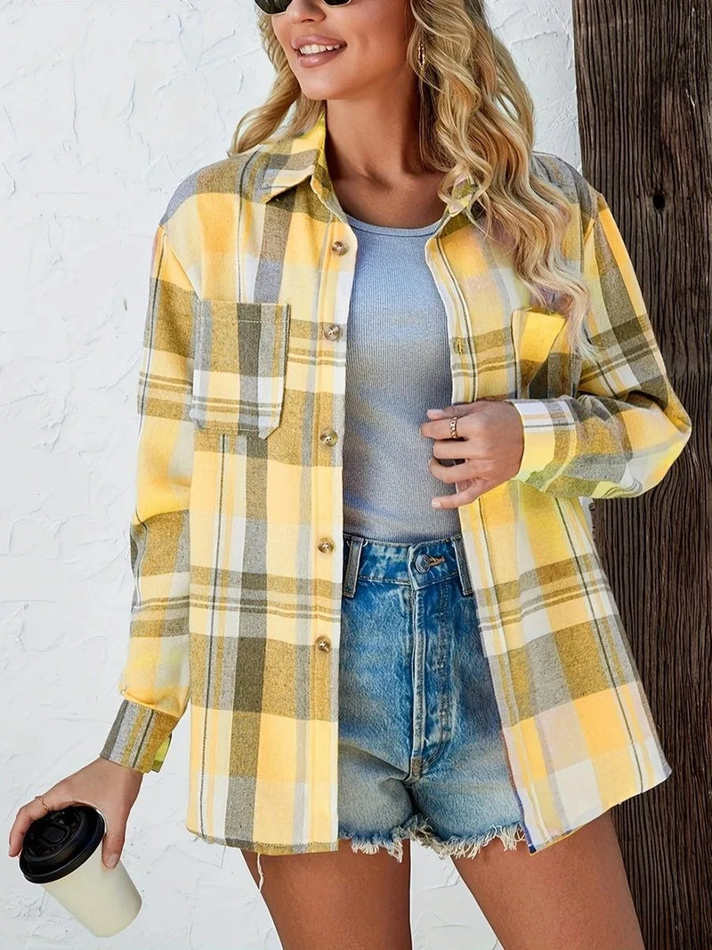Oversized Plaid Shirt for Women with Chest Flap Pockets and Button Front in Yellow, side view