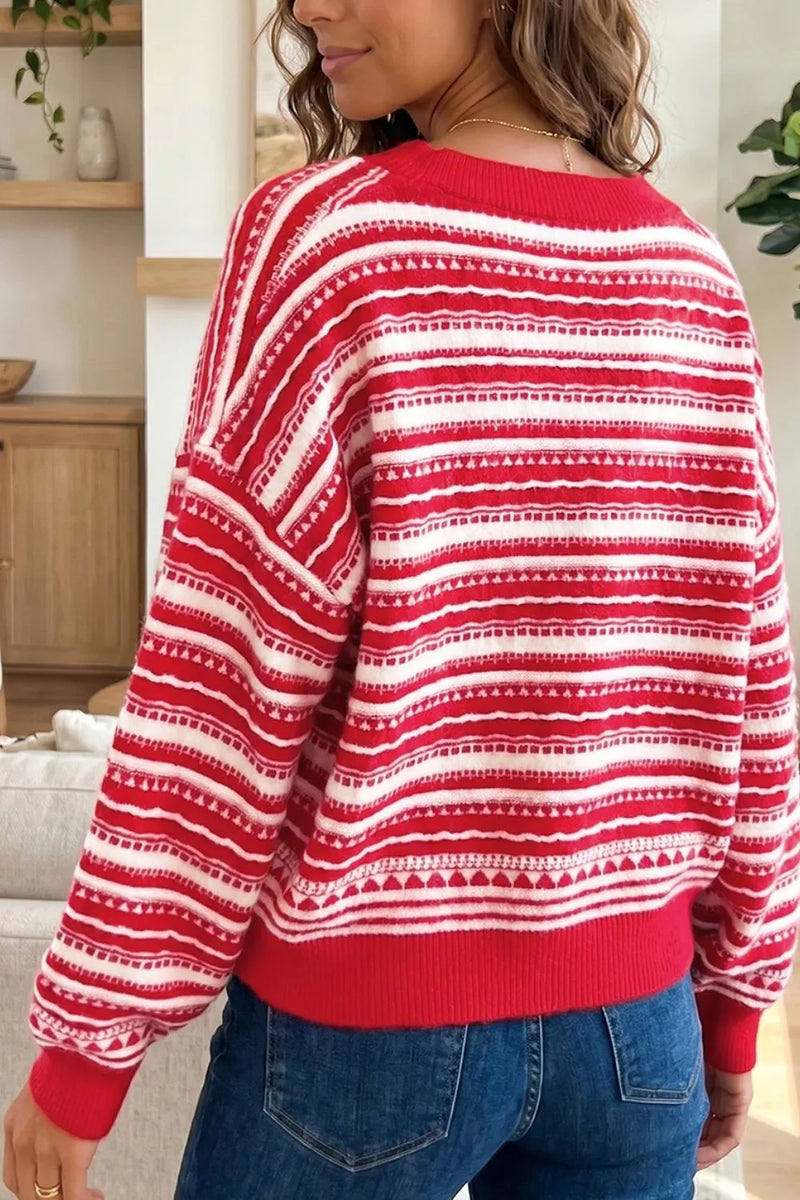 Geometric Striped Cardigan for Women with V-Neck and Button Front in Red, back view