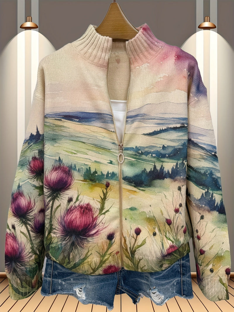 Floral Zip Up Cardigan for Women with Watercolor Print and Stand Collar, mannequin front view