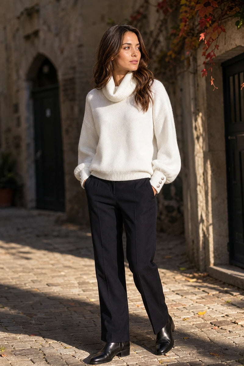 SOFAINE-V7-LIFE-Ivory | Button-Cuff Turtleneck Sweater in White, street-style view