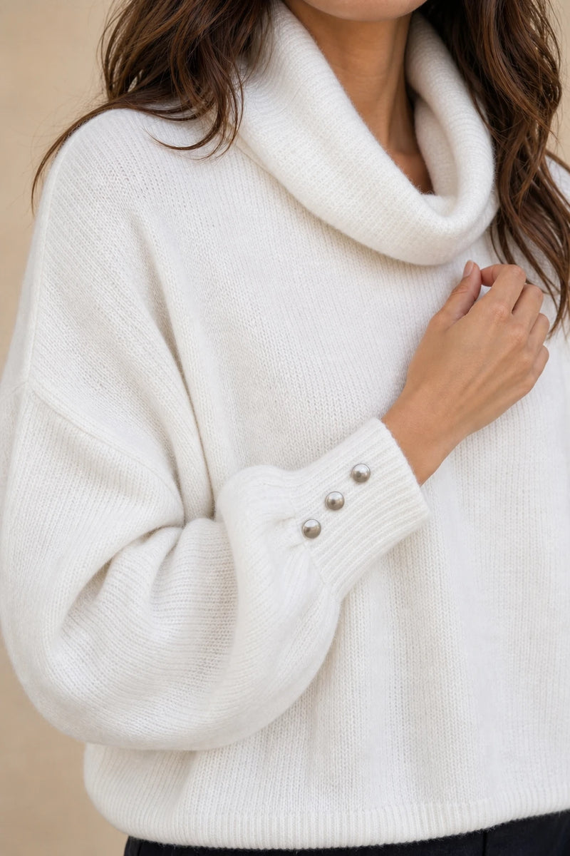 Ivory | Button-Cuff Turtleneck Sweater in White, fabric close-up