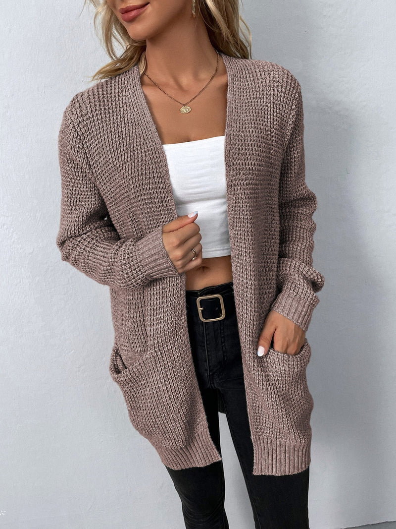 Long Waffle Knit Cardigan for Women with Open Front and Pockets in Taupe, front view