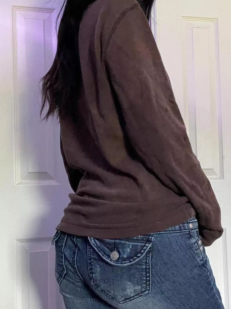 Waffle Knit Long Sleeve Top for Women with Vintage Graphic Print in Brown, back view