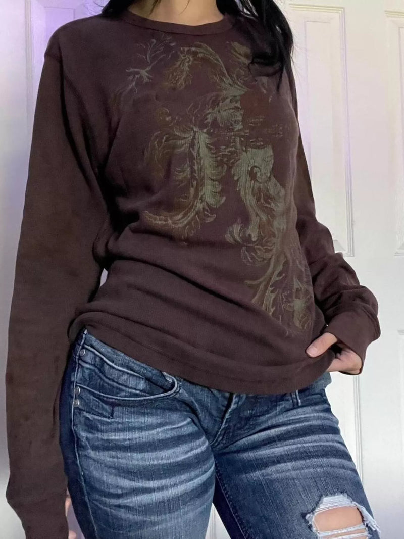 Waffle Knit Long Sleeve Top for Women with Vintage Graphic Print in Brown, front view