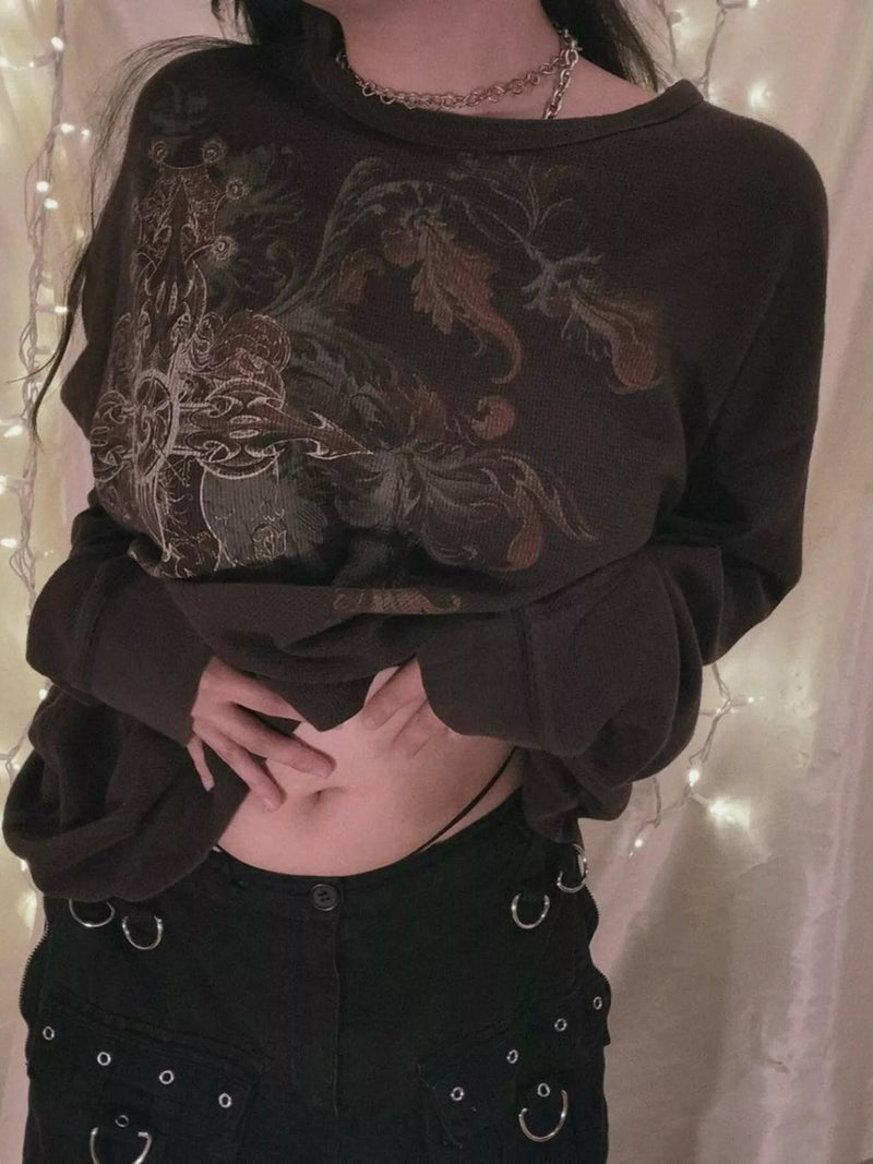 Waffle Knit Long Sleeve Top for Women with Vintage Graphic Print in Dark Brown, front view