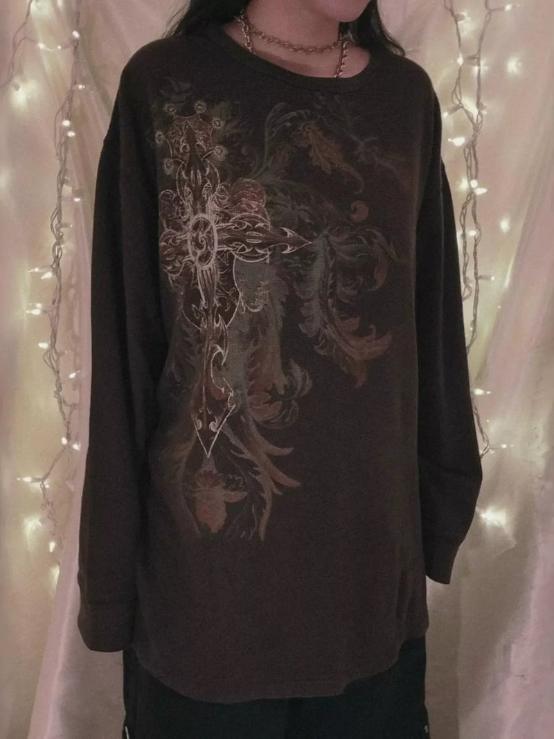 Waffle Knit Long Sleeve Top for Women with Vintage Graphic Print in Dark Brown, front view 2