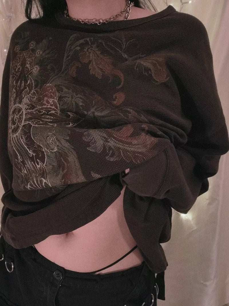 Waffle Knit Long Sleeve Top for Women with Vintage Graphic Print in Dark Brown, styled view