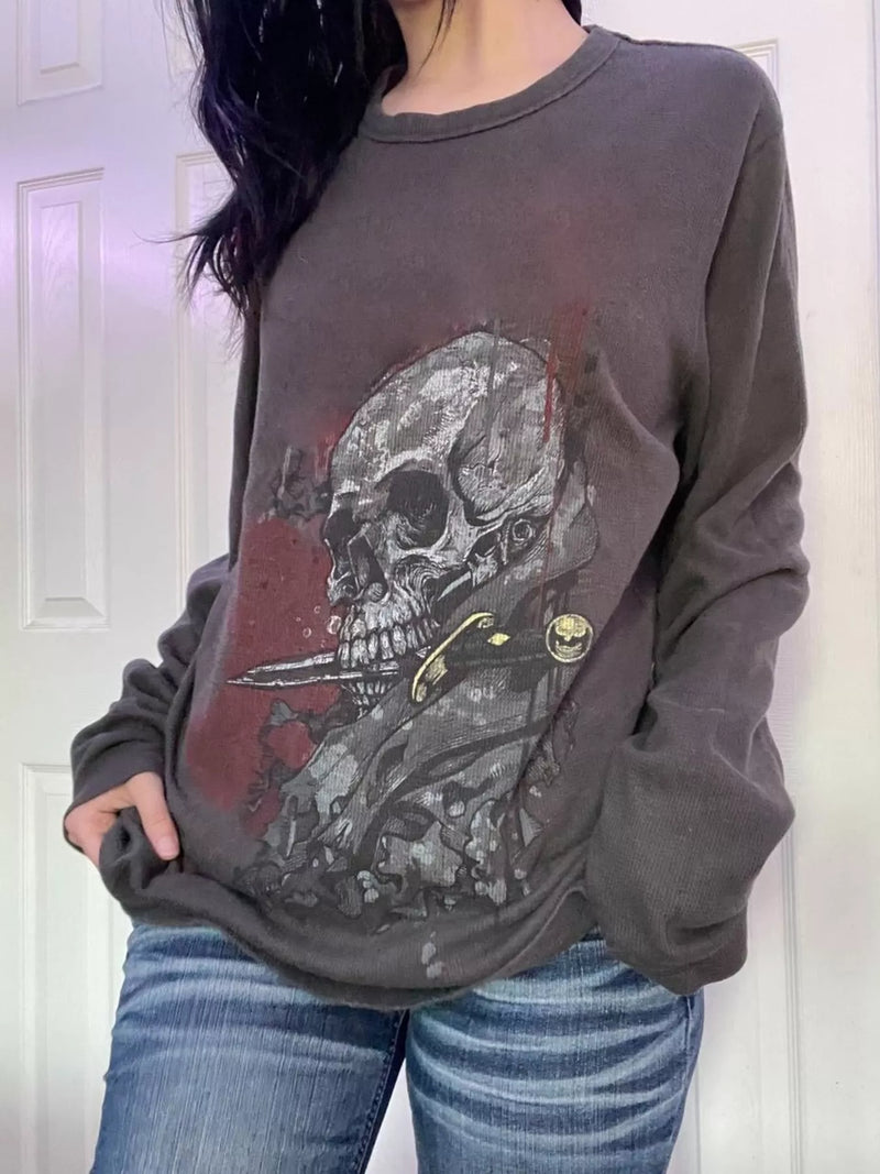 Waffle Knit Long Sleeve Top for Women with Vintage Graphic Print in Dark Gray, front view