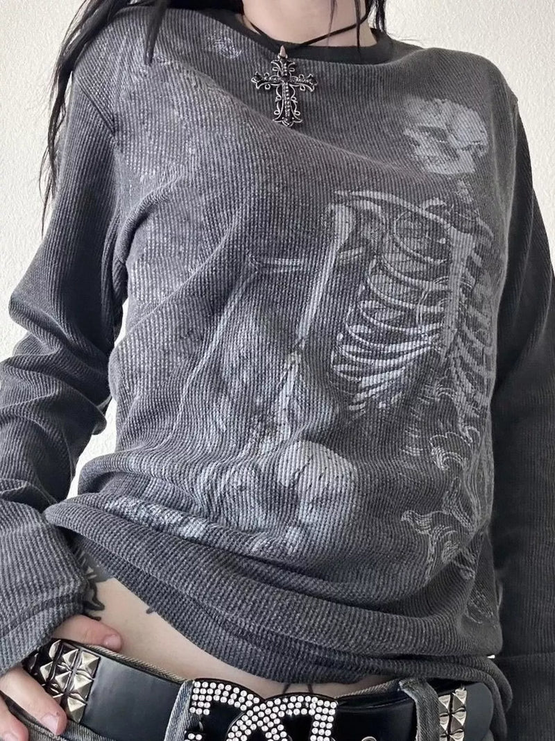 Waffle Knit Long Sleeve Top for Women with Vintage Graphic Print in Gray, front view