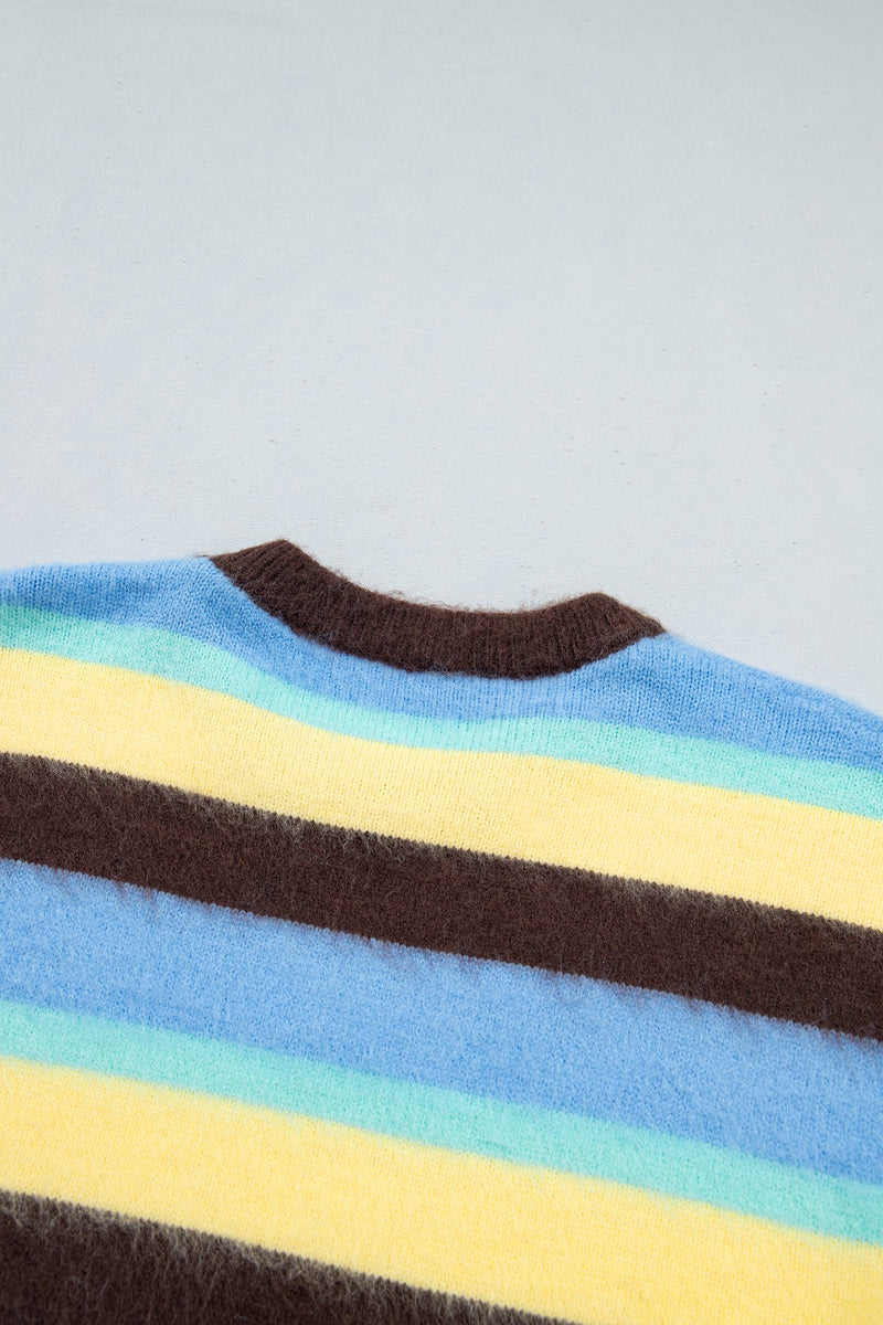 Fuzzy Striped Sweater for Women with Crew Neck and Drop Shoulders in Multicolor, back neckline detail