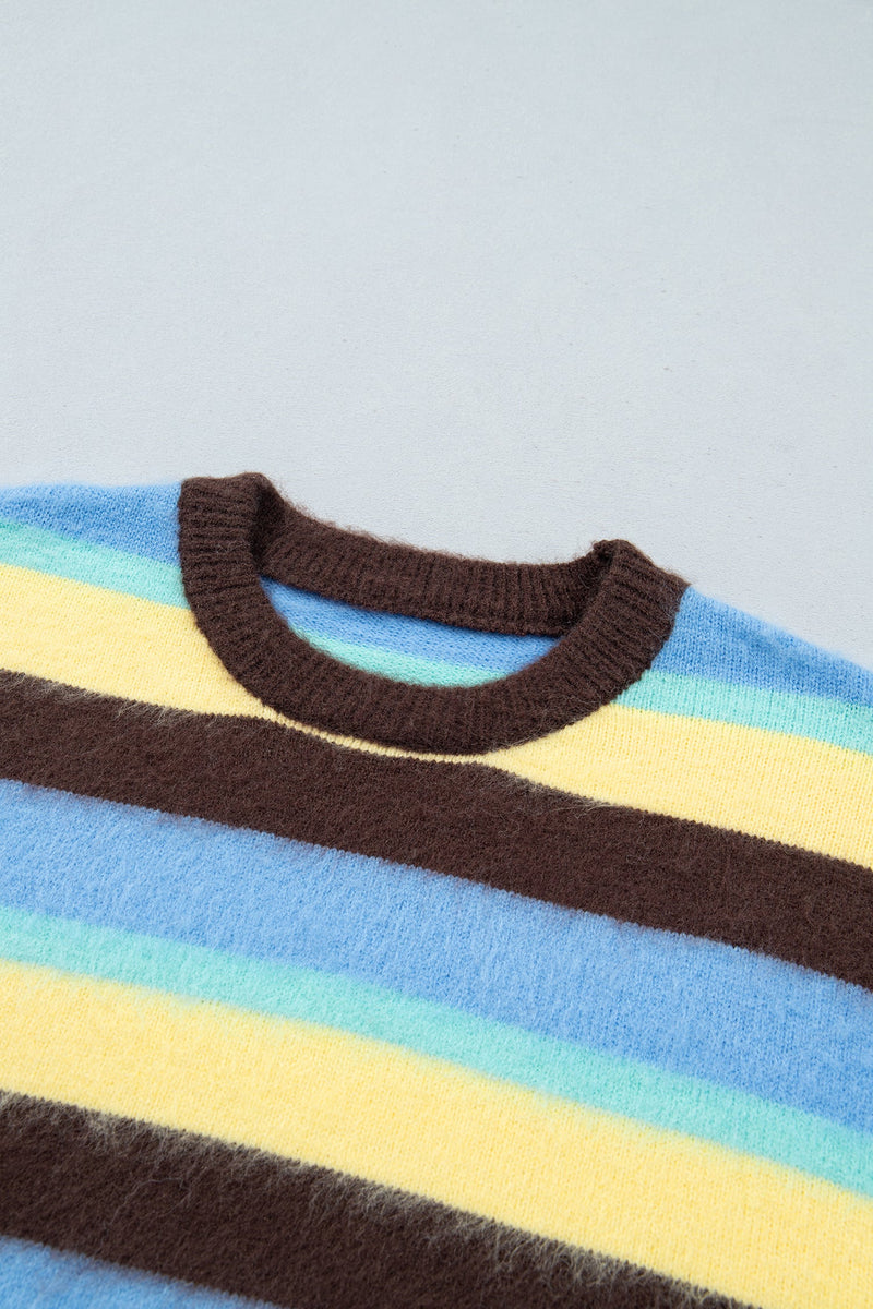Fuzzy Striped Sweater for Women with Crew Neck and Drop Shoulders in Multicolor, collar detail