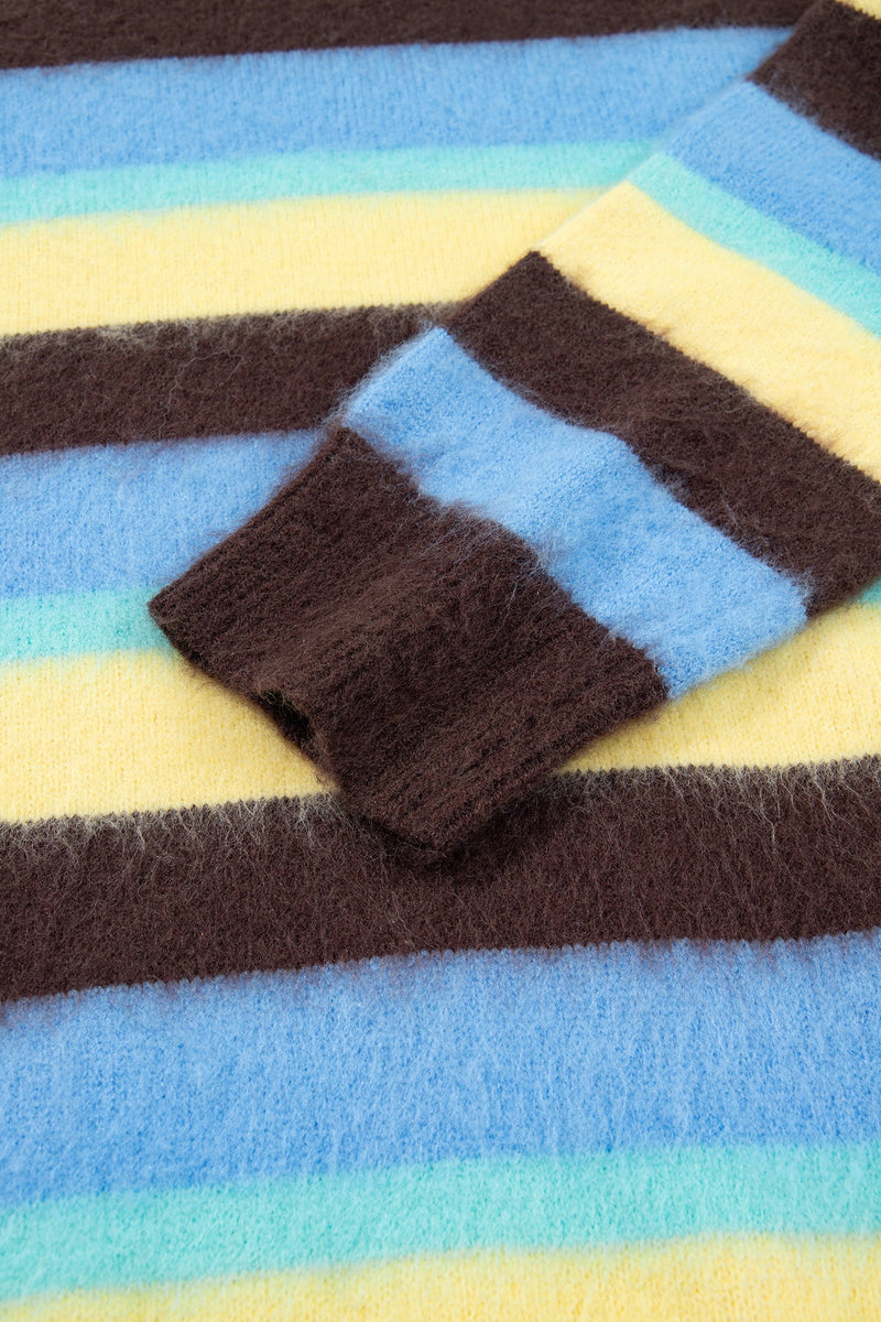 Fuzzy Striped Sweater for Women with Crew Neck and Drop Shoulders in Multicolor, cuff detail