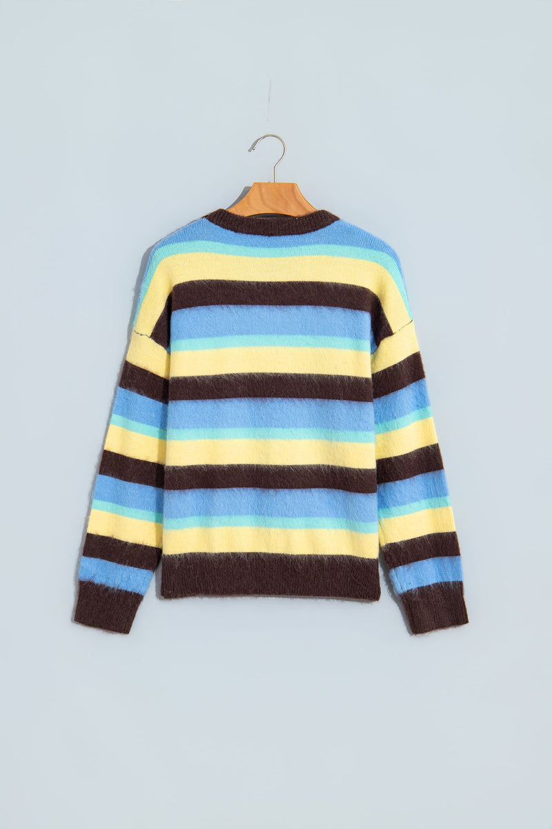Fuzzy Striped Sweater for Women with Crew Neck and Drop Shoulders in Multicolor, flat lay back