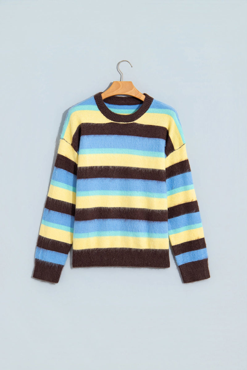 Fuzzy Striped Sweater for Women with Crew Neck and Drop Shoulders in Multicolor, flat lay front