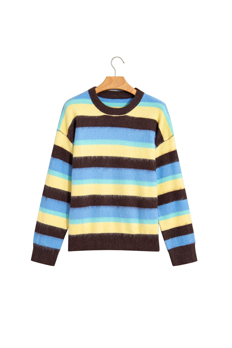 Fuzzy Striped Sweater for Women with Crew Neck and Drop Shoulders in Multicolor, flat lay on white