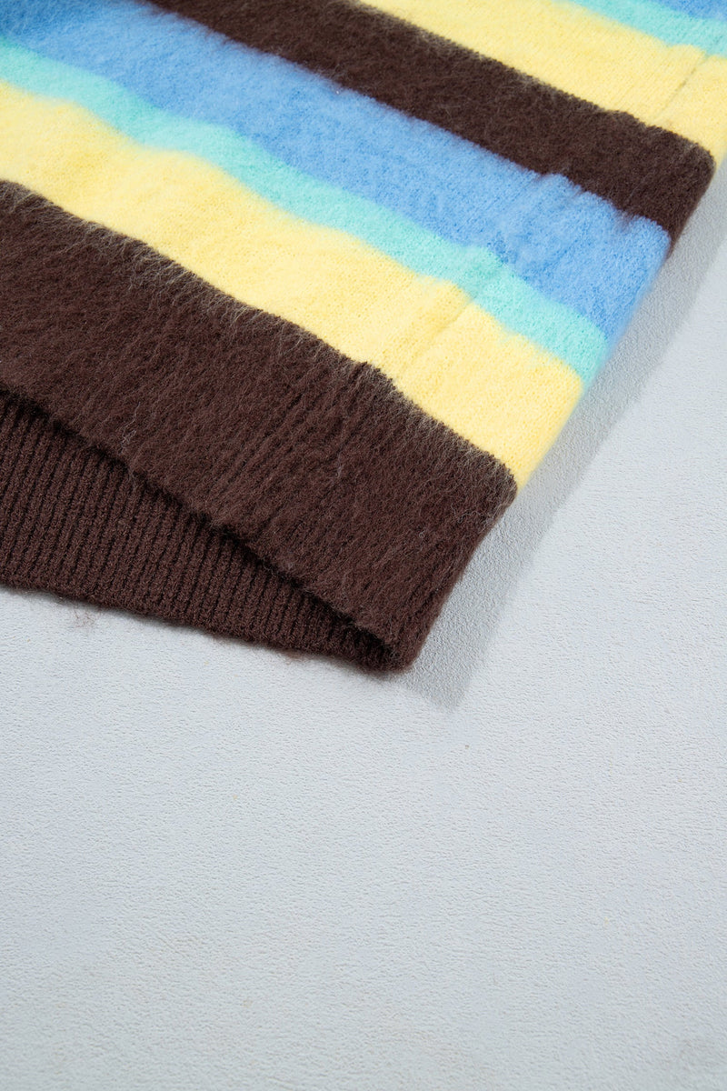 Fuzzy Striped Sweater for Women with Crew Neck and Drop Shoulders in Multicolor, hem detail