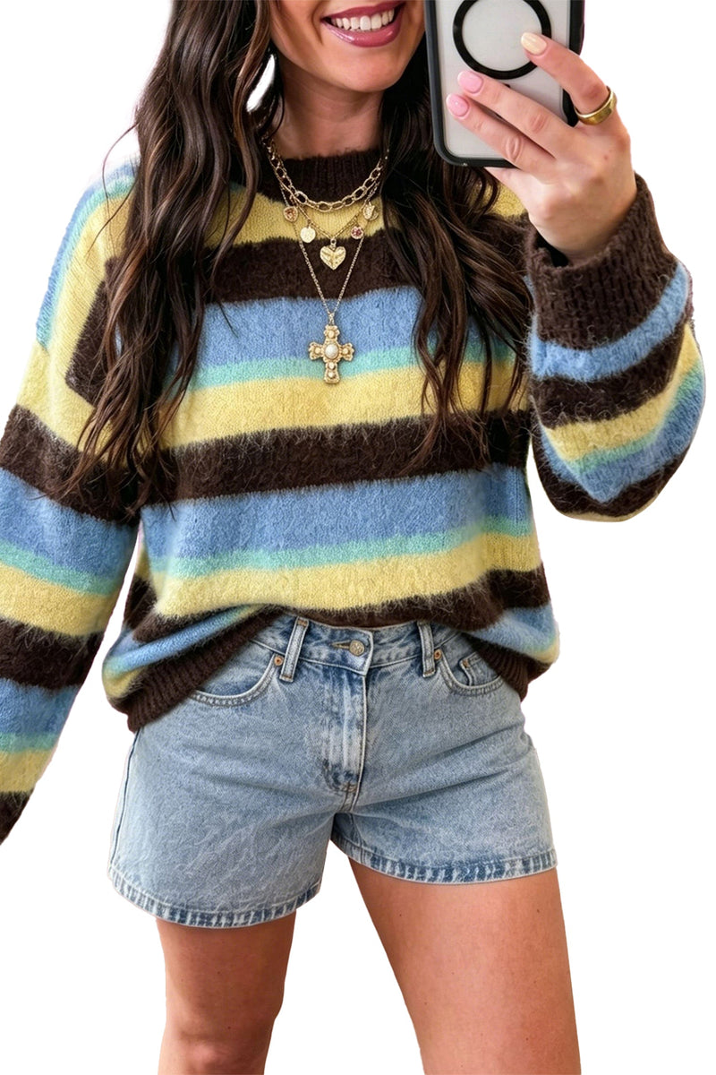 Fuzzy Striped Sweater for Women with Crew Neck and Drop Shoulders in Multicolor, styled front view