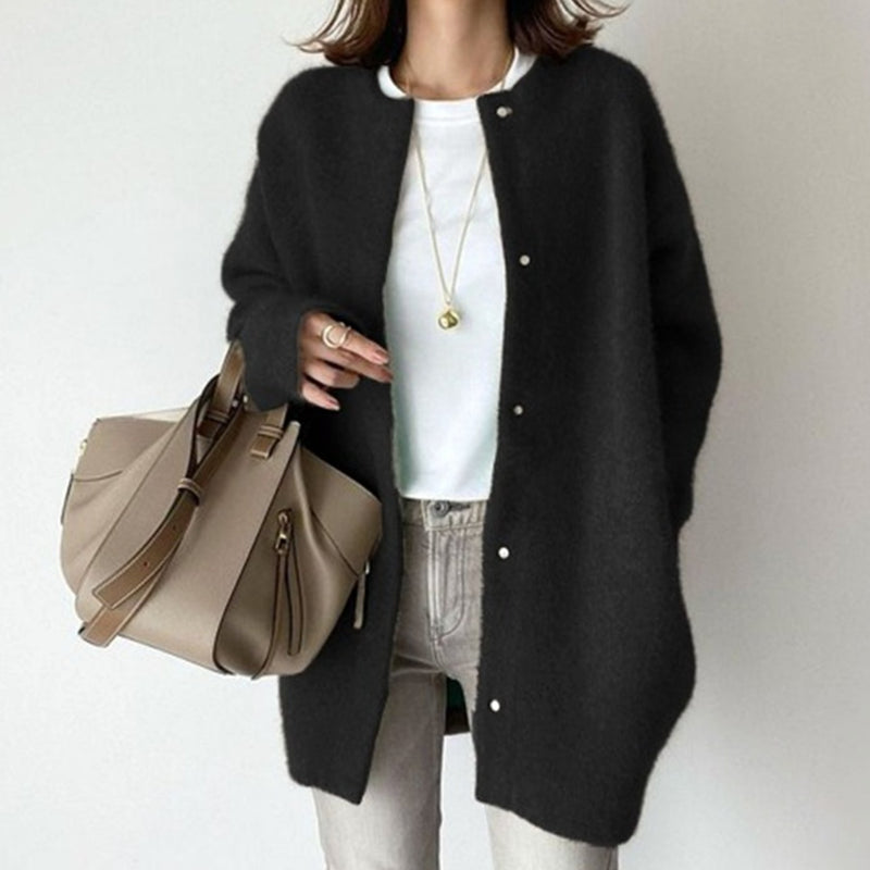 Oversized Fuzzy Knit Cardigan for Women with Snap Buttons and Crew Neck in Black, front view
