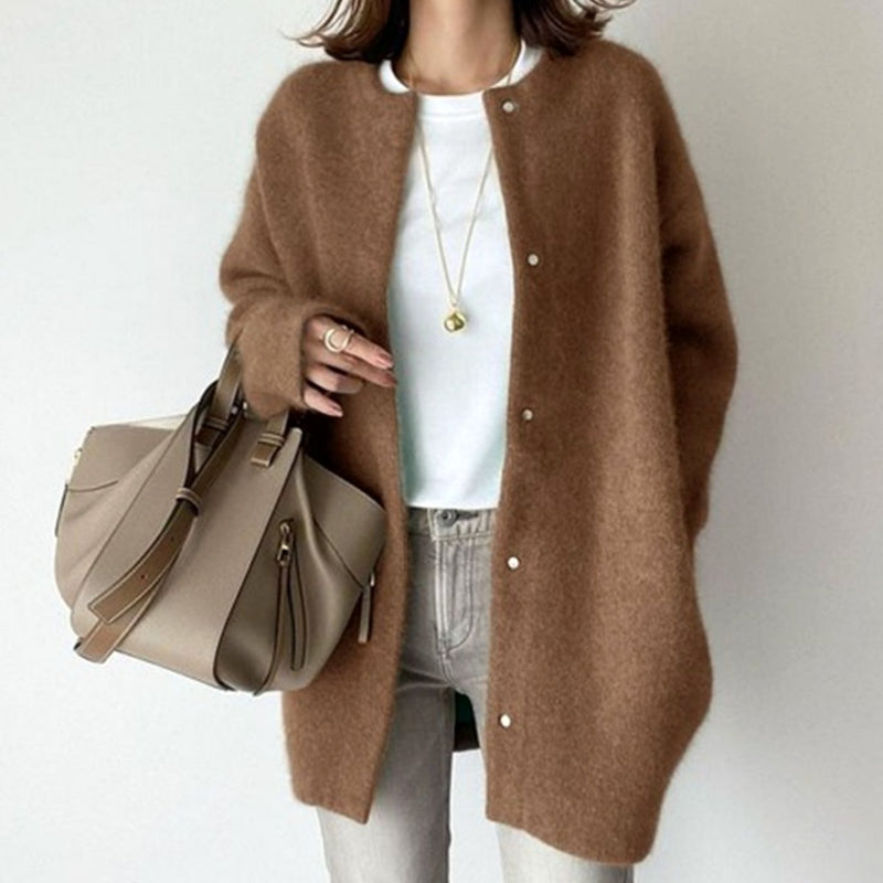 Oversized Fuzzy Knit Cardigan for Women with Snap Buttons and Crew Neck in Caramel, front view