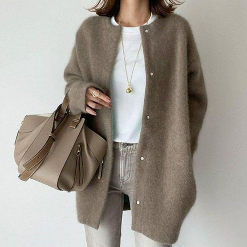Oversized Fuzzy Knit Cardigan for Women with Snap Buttons and Crew Neck in Coffee, front view