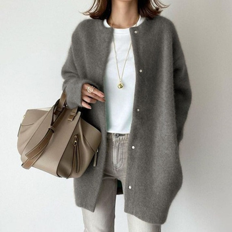 Oversized Fuzzy Knit Cardigan for Women with Snap Buttons and Crew Neck in Gray, front view