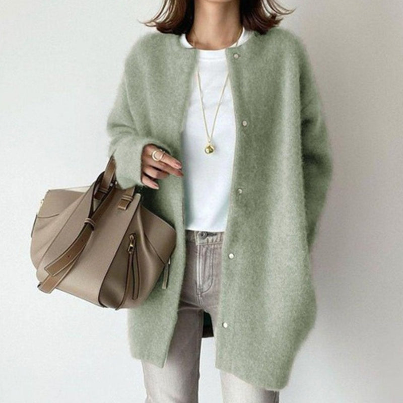 Oversized Fuzzy Knit Cardigan for Women with Snap Buttons and Crew Neck in Green, front view