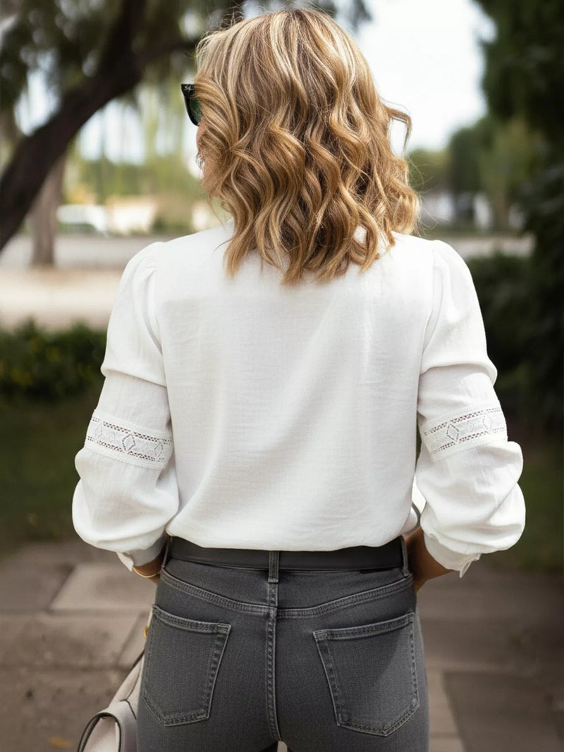 Lace Trim Ruffle Collar Blouse for Women with Button Front and Long Sleeves in White, back view
