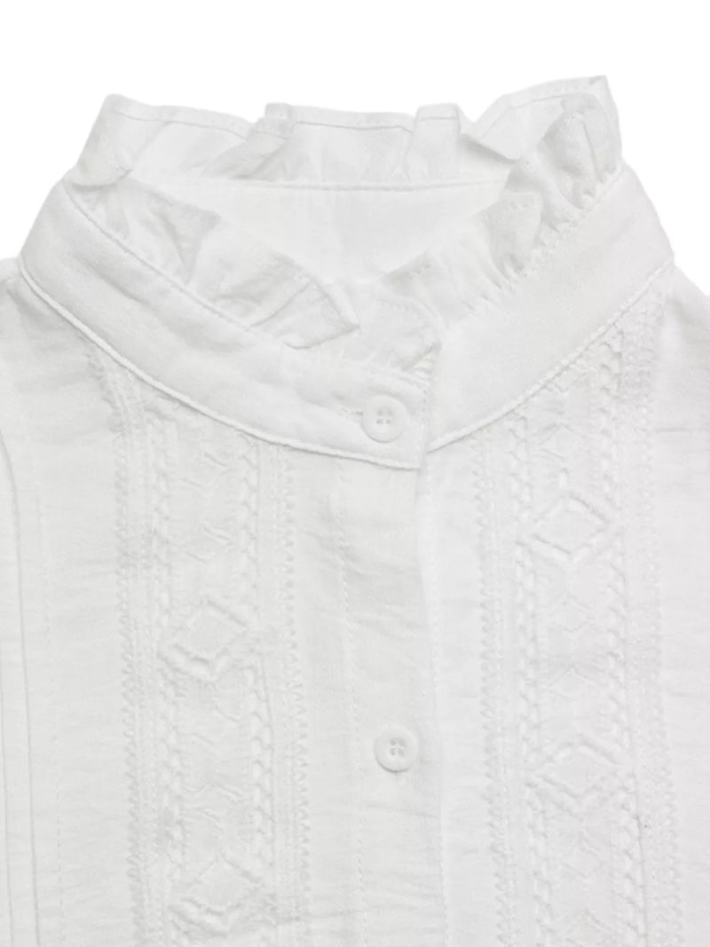 Lace Trim Ruffle Collar Blouse for Women with Button Front and Long Sleeves in White, collar detail