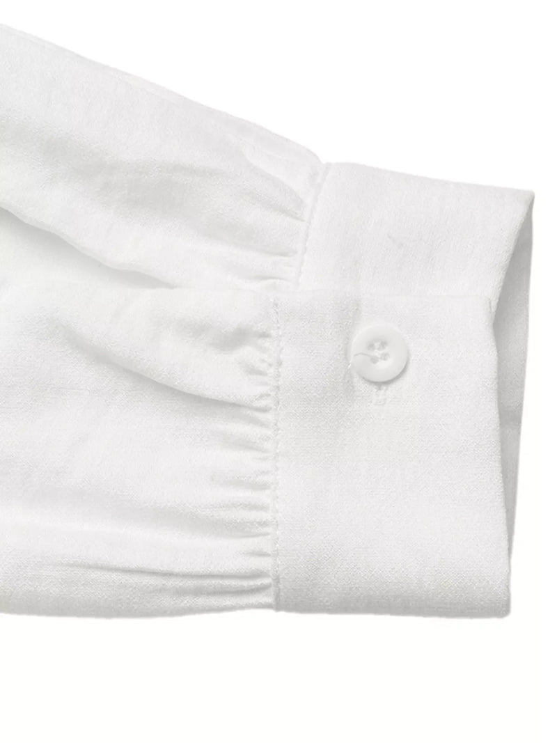 Lace Trim Ruffle Collar Blouse for Women with Button Front and Long Sleeves in White, cuff detail