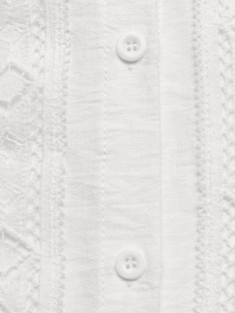 Lace Trim Ruffle Collar Blouse for Women with Button Front and Long Sleeves in White, lace detail