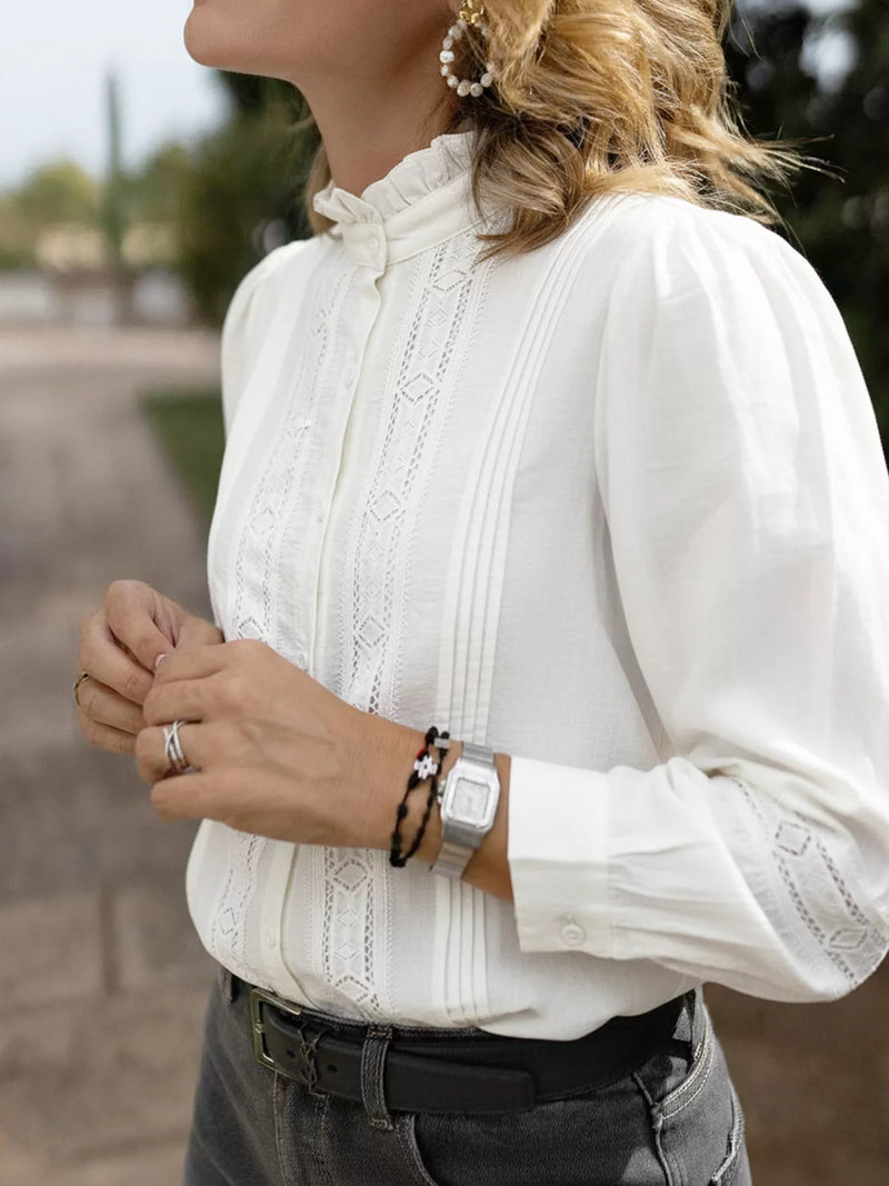 Lace Trim Ruffle Collar Blouse for Women with Button Front and Long Sleeves in White, side view