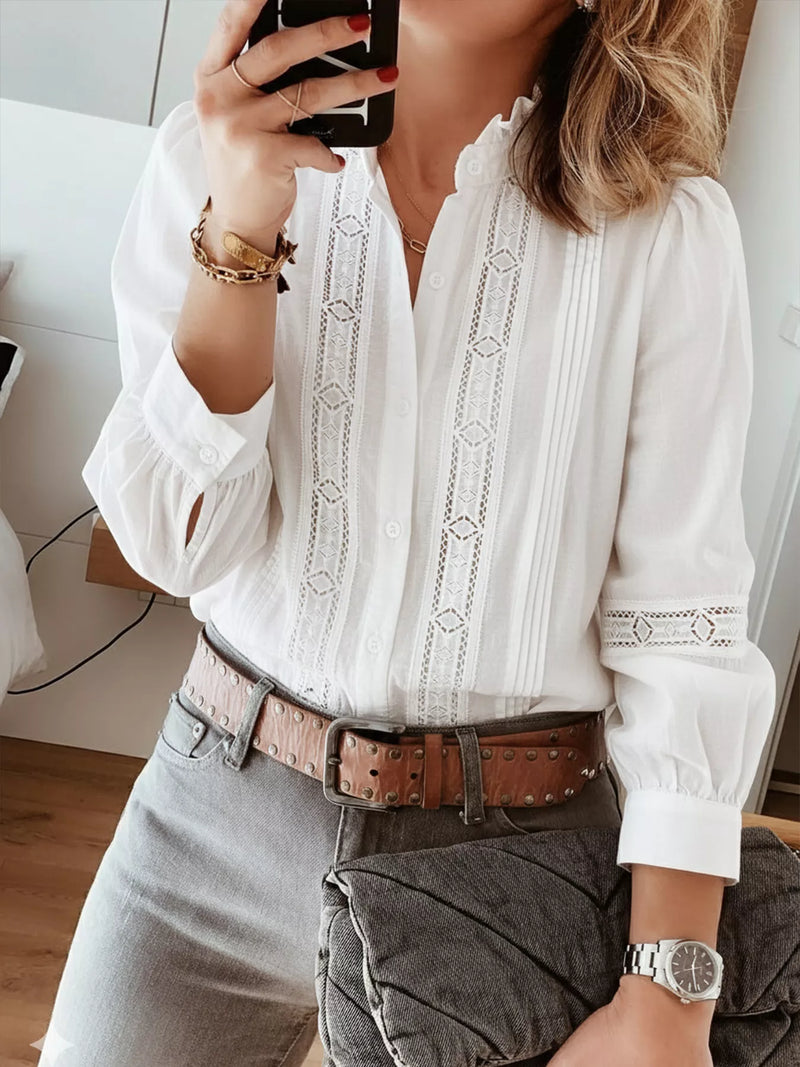 Lace Trim Ruffle Collar Blouse for Women with Button Front and Long Sleeves in White, styled view