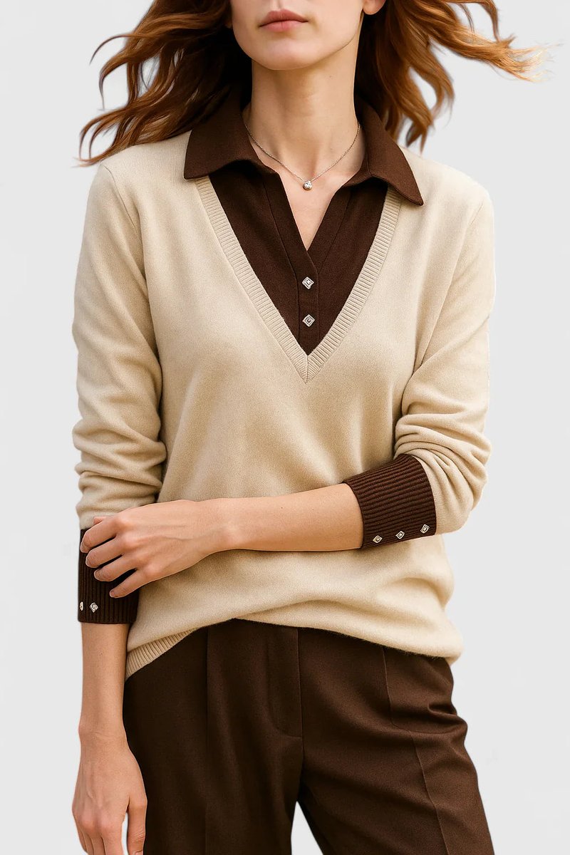 Oline | Striktrøje med polokrave i Beige, forfra