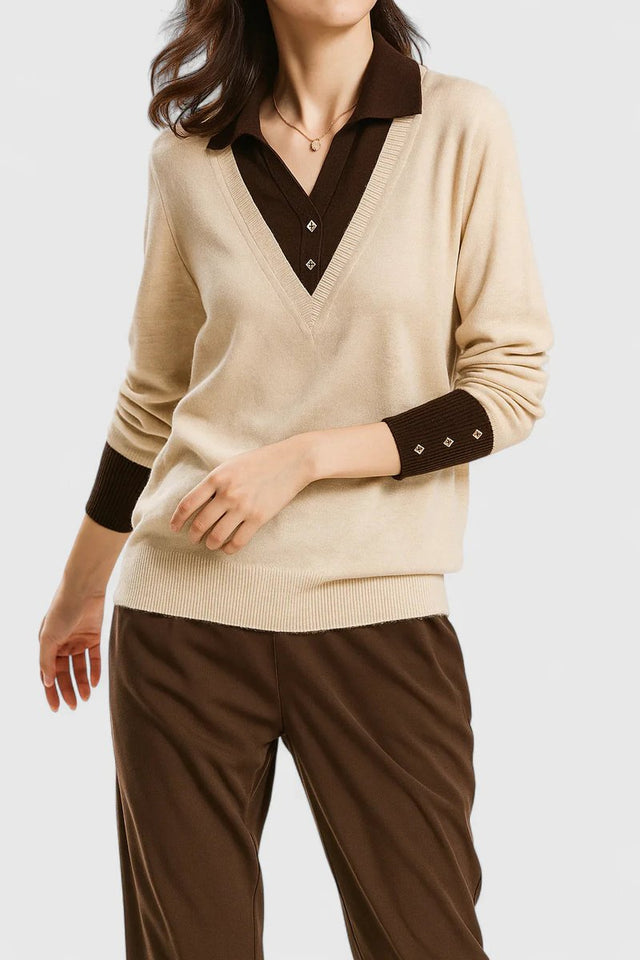 Oline | Striktrøje med polokrave i Beige, forfra