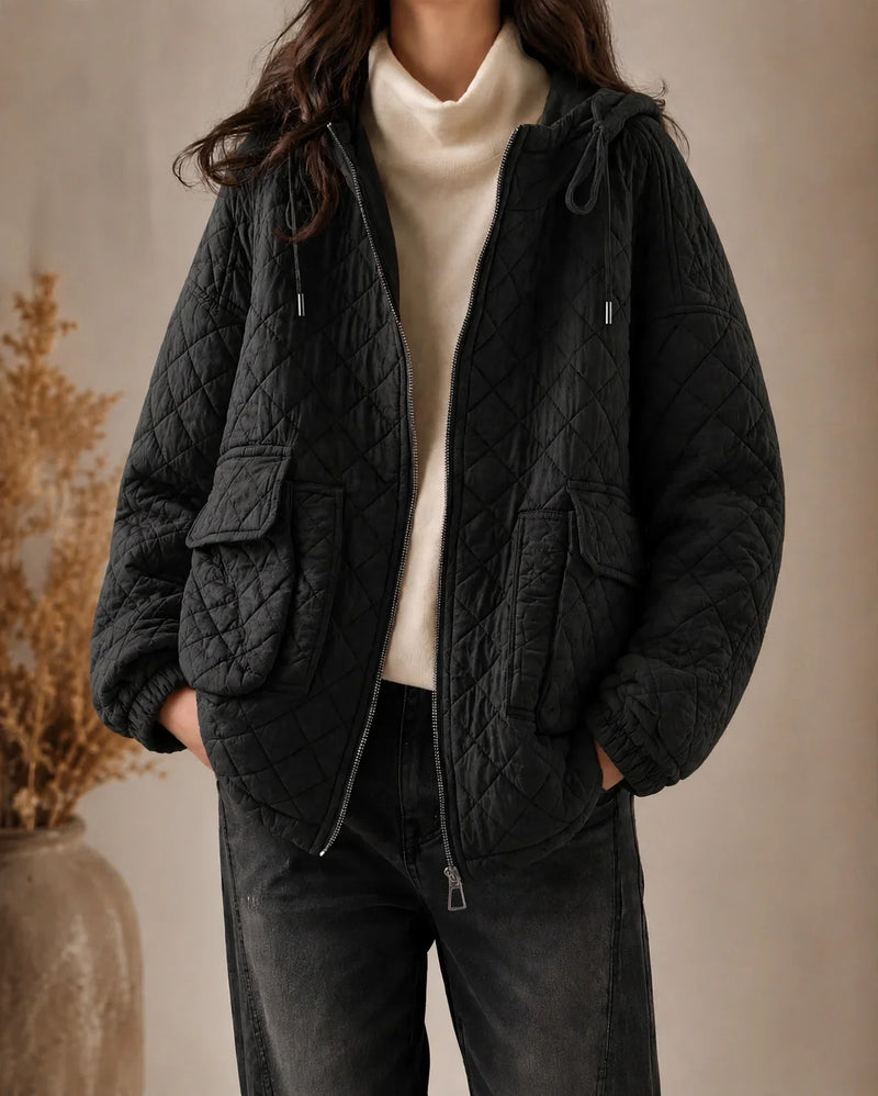 Lightweight Quilted Jacket for Women with Hood and Relaxed Fit in Classic Black, studio front view